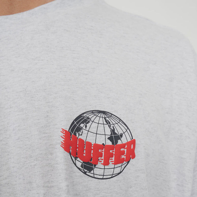 Gray t-shirt with a globe and 'Huffer' text design on a plain background