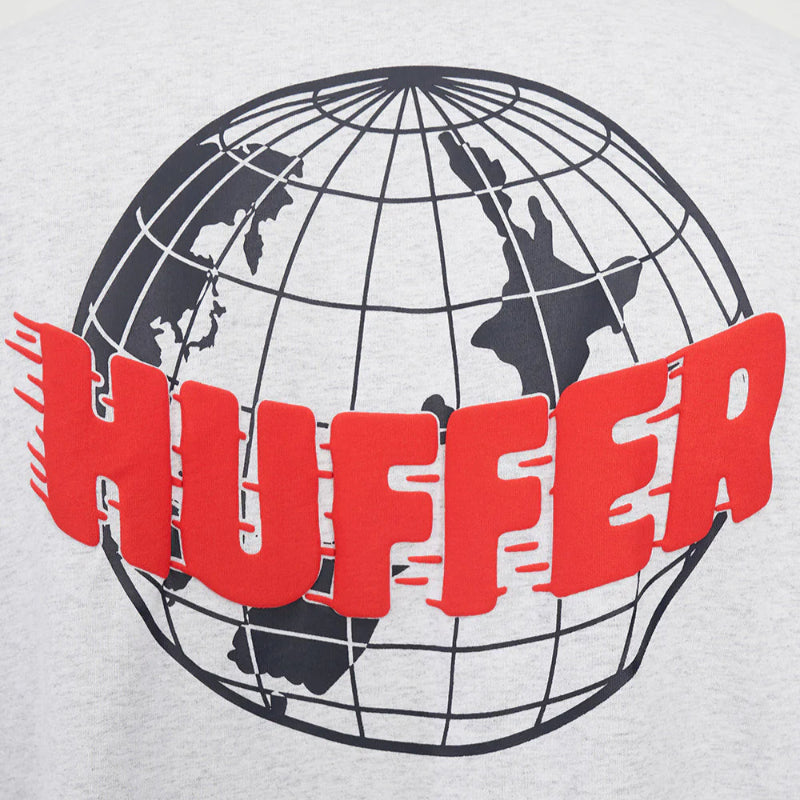 Huffer logo with red text and globe design on a gray background