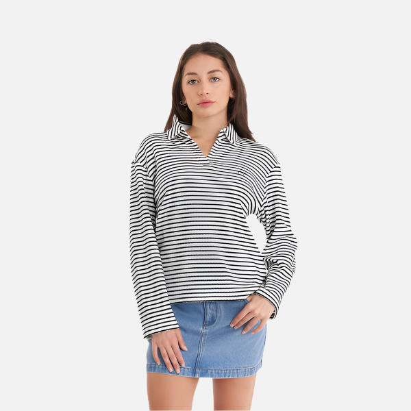 Huffer Alfie Stripe LS Polo - Chalk/Black