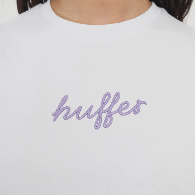 White t-shirt with 'huffer' text in purple on a plain background