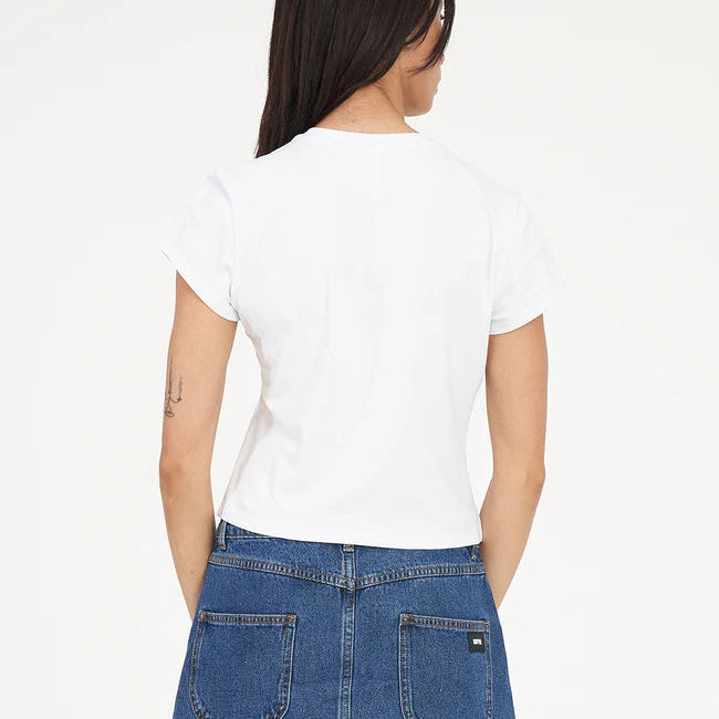 Person wearing a white t-shirt and blue denim skirt on a white background