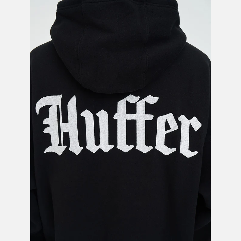 Black hoodie with 'Huffer' logo on the back against a white background