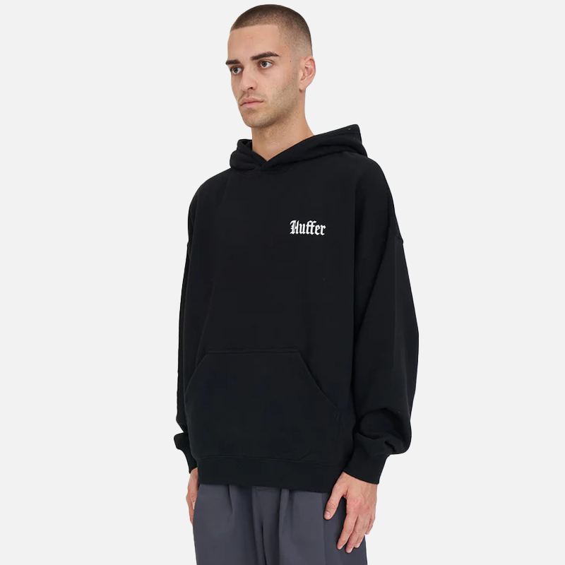 Person wearing a black hoodie with 'Buffer' logo on a white background