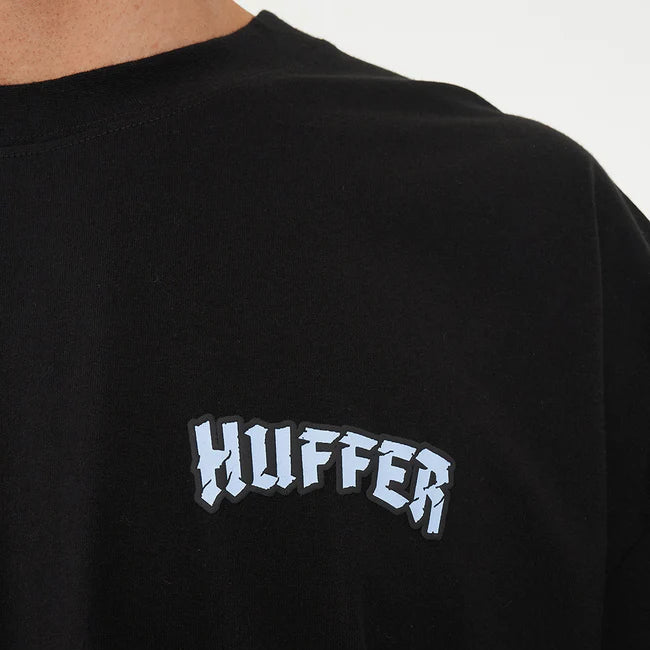 Black t-shirt with 'Huffer' logo on a plain background