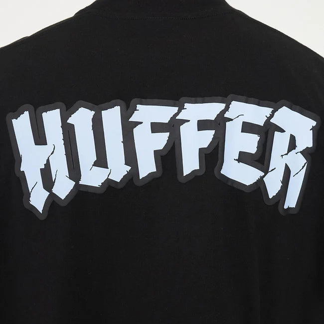 Black shirt with 'HUFFER' logo on the back