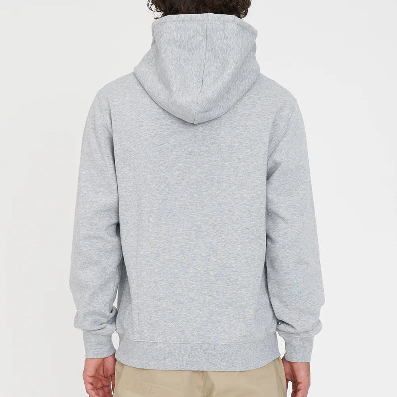 Person wearing a gray hoodie from behind on a white background