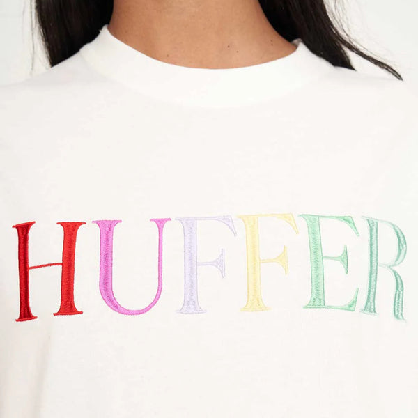 White sweatshirt with 'HUFFER' in colorful letters on a white background