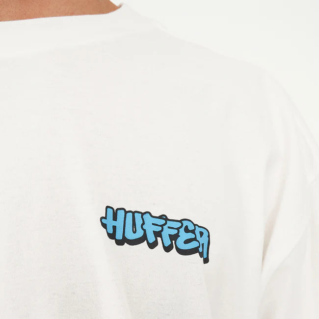 White sweatshirt with 'Huffer' logo in blue and black on a white background