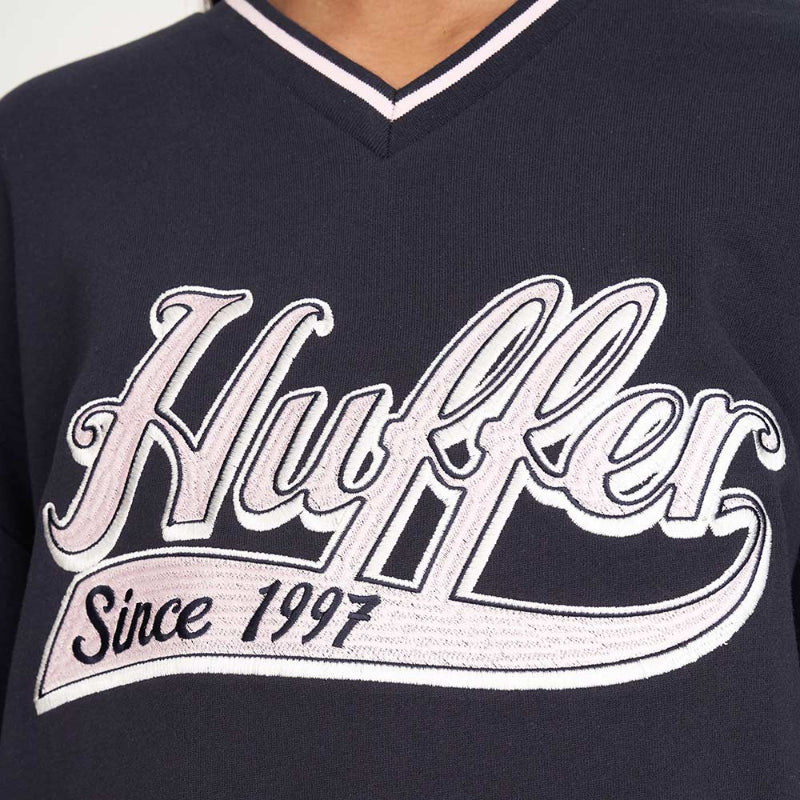 Navy blue sweatshirt with 'Huffer Since 1997' text on a plain background