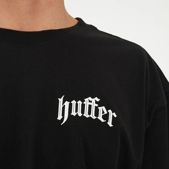 Black t-shirt with 'huffer' logo on a white background