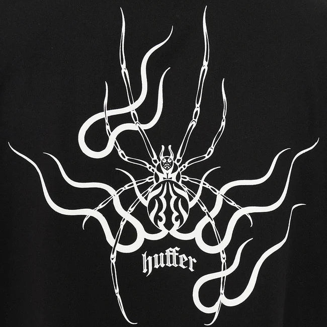 Black shirt with a white spider design and 'huffer' branding on the back.