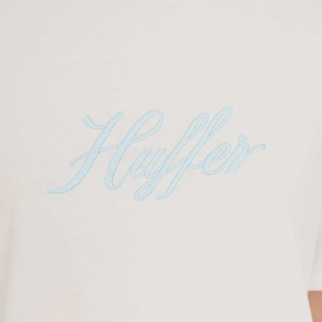 White t-shirt with 'Huffer' logo in light blue on a white background