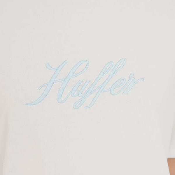 White t-shirt with 'Huffer' logo in light blue on a white background