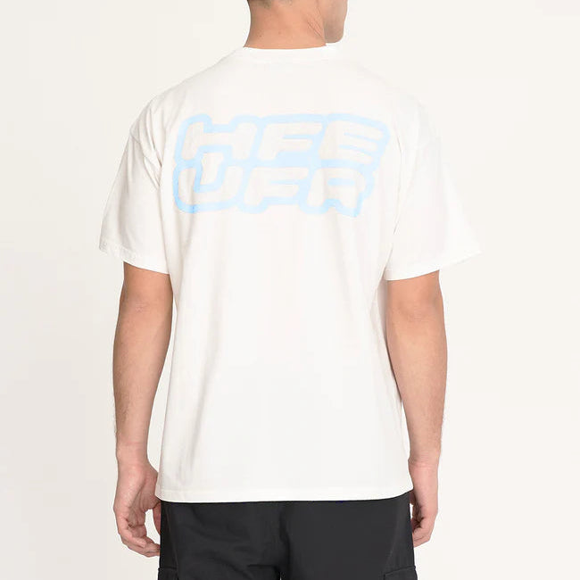 Person wearing a white t-shirt with blue text on the back against a white background