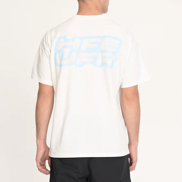Person wearing a white t-shirt with blue text on the back against a white background