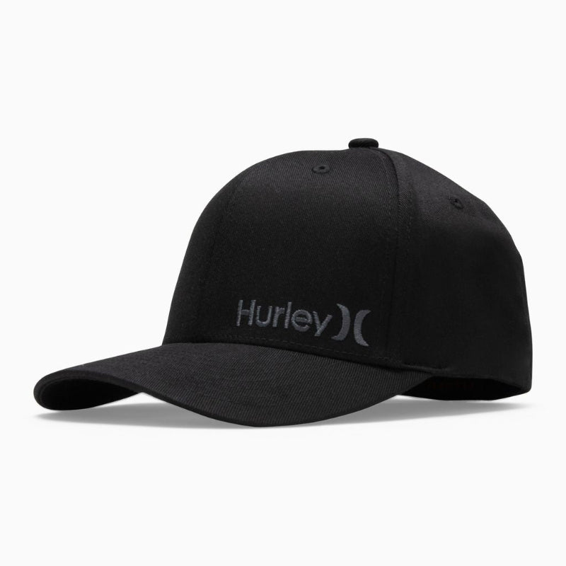 A black Hurley baseball cap with a curved brim, featuring the brand's logo embroidered in gray on the front, set against a plain white background.