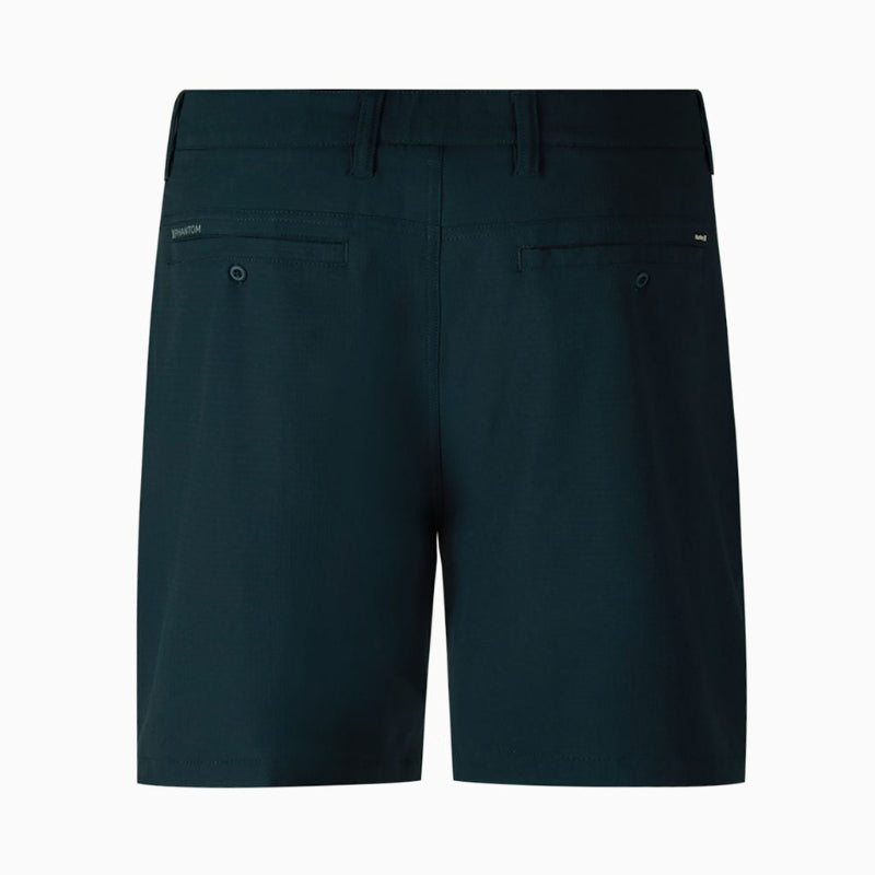 men's shorts with a button closure, belt loops, and two buttoned welt pockets on the back, shown against a plain white background.
