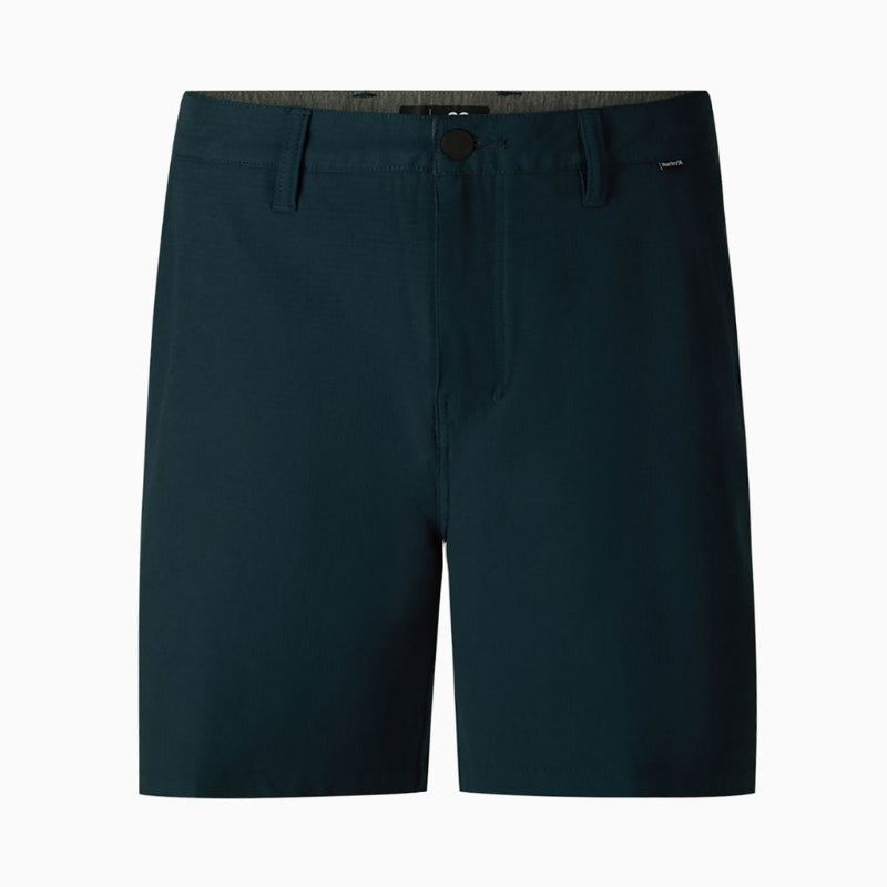 Dark teal men's shorts with a button closure, belt loops, and front pockets, shown flat on a white background.