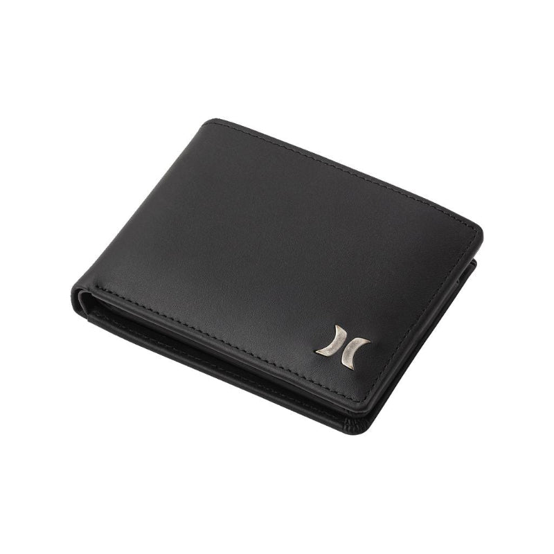 A black PU bi-fold wallet with a silver Hurley logo on the front, shown on a plain white background.