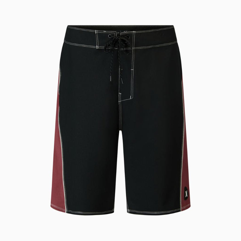 Black board shorts with burgundy side panels and white piping details, shown against a plain white background.