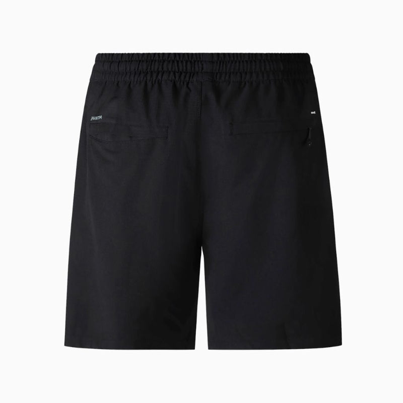 Black hurley shorts with an elastic waistband, zippered side pockets, and a small white logo on the left hip, shown against a plain white background.