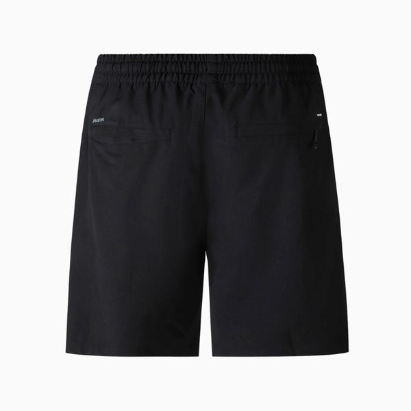 Black hurley shorts with an elastic waistband, zippered side pockets, and a small white logo on the left hip, shown against a plain white background.