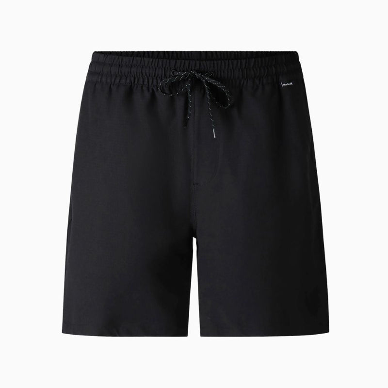 Black hurley shorts with an elastic drawstring waistband, shown flat against a plain white background.