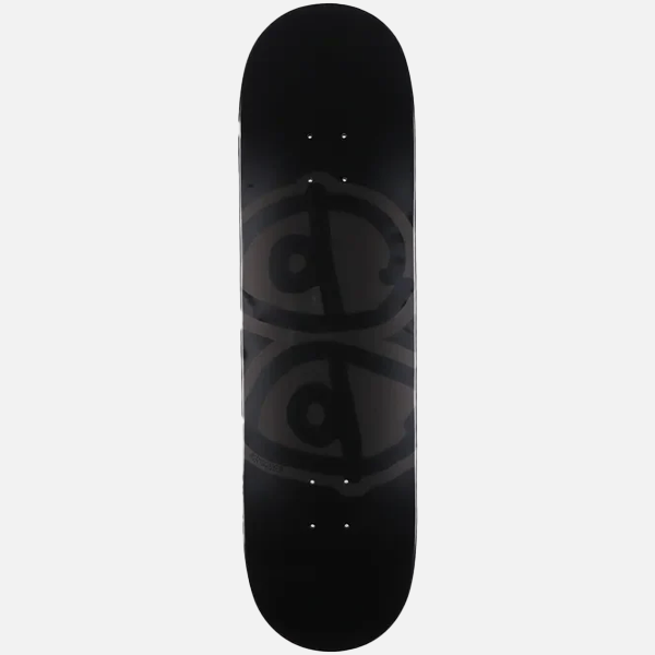 Black skateboard deck with a logo on a white background