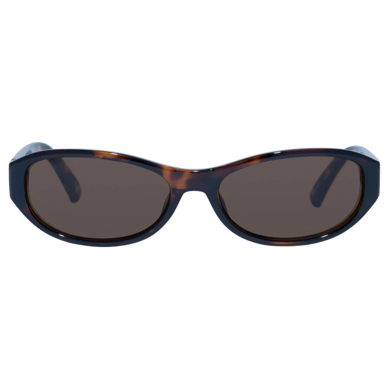 Oval sunglasses with a dark tortoiseshell frame and dark brown lenses, shown against a plain white background.