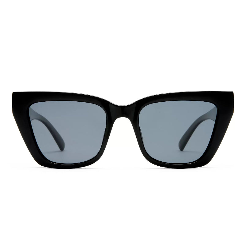 Black cat-eye sunglasses with dark gray lenses, shown from the front on a solid white background.