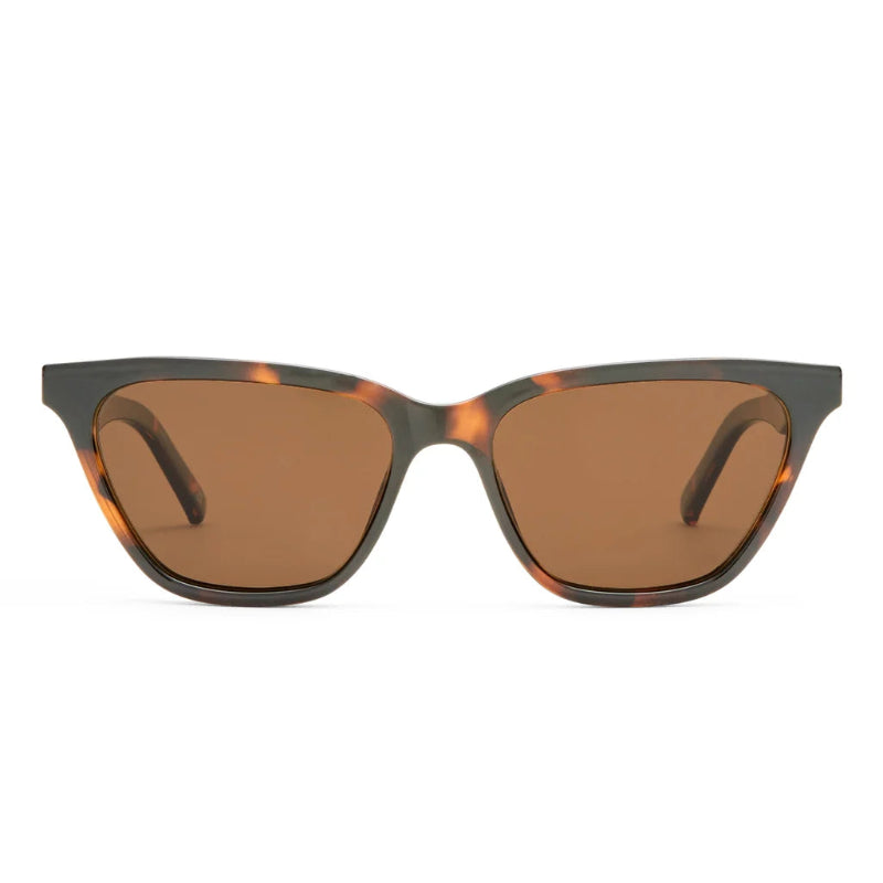 Sunglasses with tortoiseshell frame and brown lenses on a light gray background