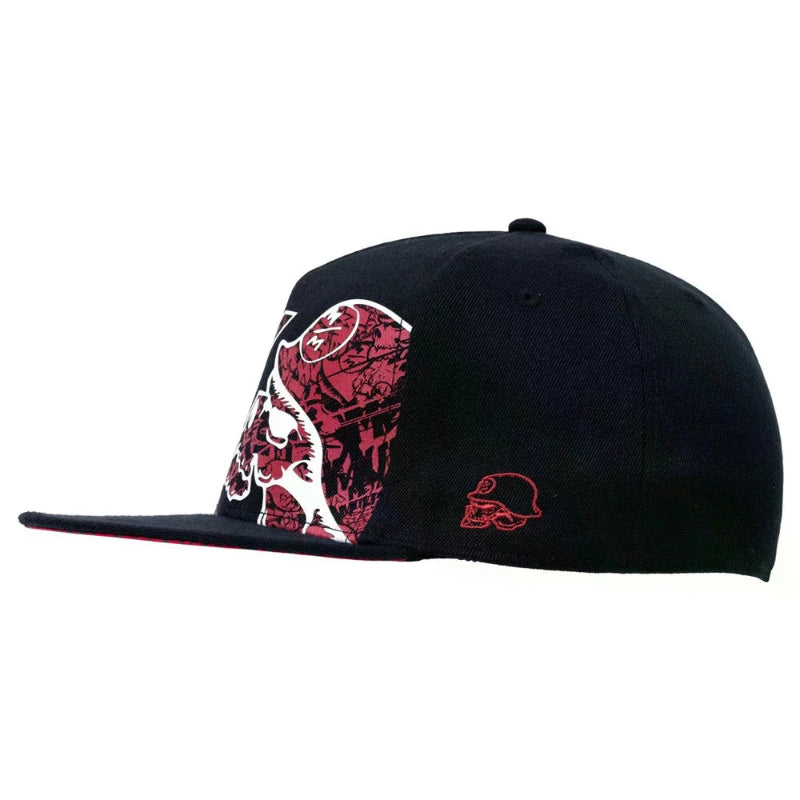 Black cap with red and white graphic design on a white background