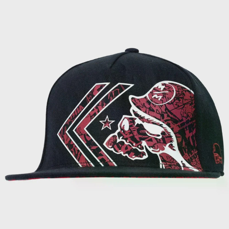 Black cap with red and white Metal Mulisha graphic design on a white background