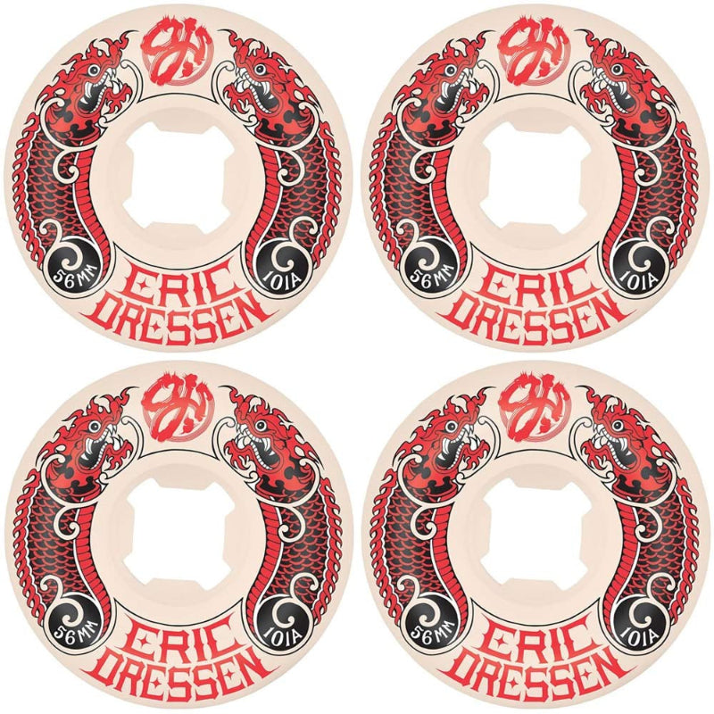 Four skateboard wheels arranged in a 2x2 grid, featuring red and black dragon graphics with the text 'ERIC DRESSEN' on a white background.