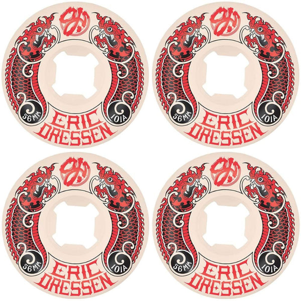 Four skateboard wheels arranged in a 2x2 grid, featuring red and black dragon graphics with the text 'ERIC DRESSEN' on a white background.