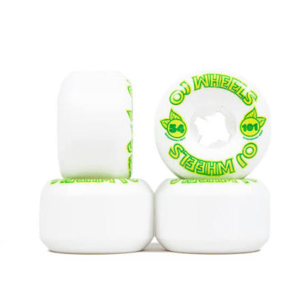 Four white skateboard wheels with bright green 'OJ WHEELS' branding and  graphics, arranged on a clean white background.