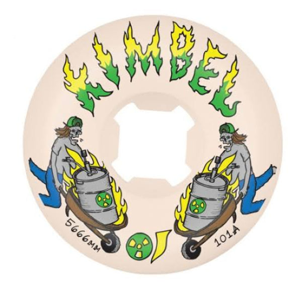 A circular skateboard wheel with a beige base, featuring a graphic design of two cartoon characters pushing barrels on fire, with the brand name 'Kimbel' in green and yellow flame letters at the top.