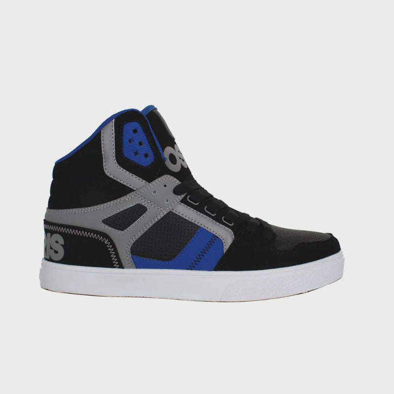 Black, gray, and blue high-top sneaker on a light gray background
