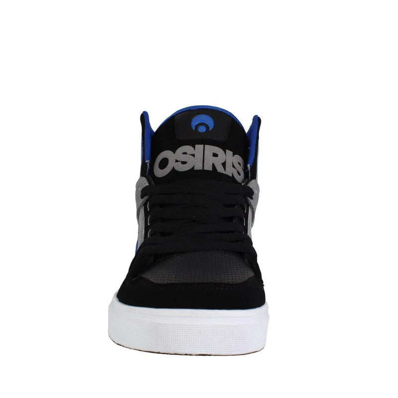 Black Osiris sneaker with blue accents on a white background