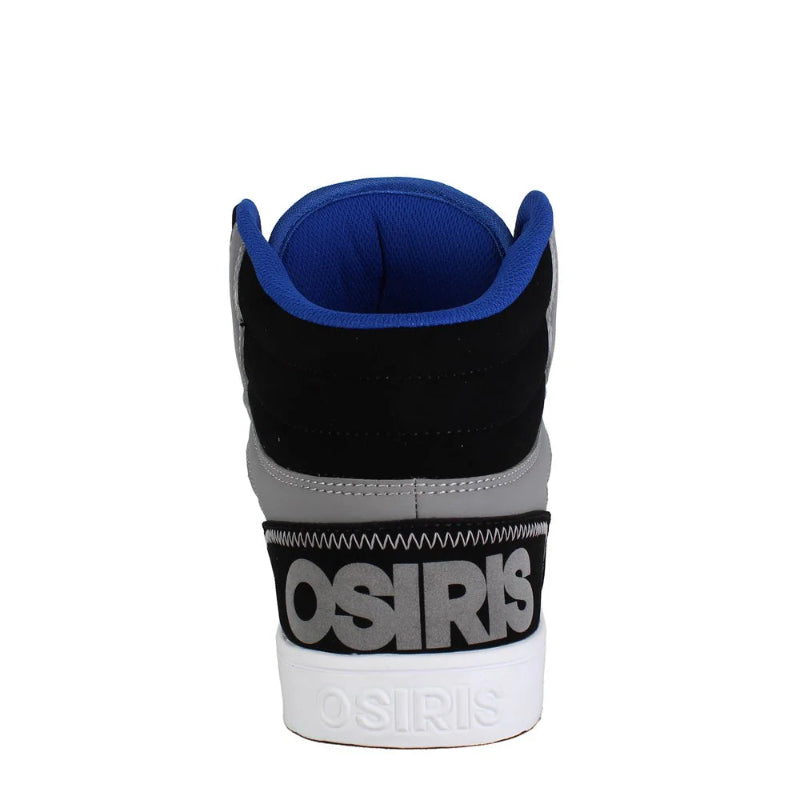 Close-up of a black, gray, and blue Osiris skateboard shoe on a white background
