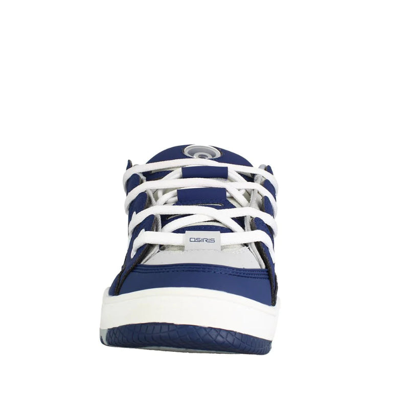 Blue and white sneaker with brand logo on a white background
