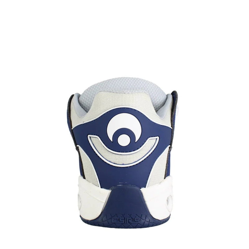 Blue and white sneaker with a logo on a white background