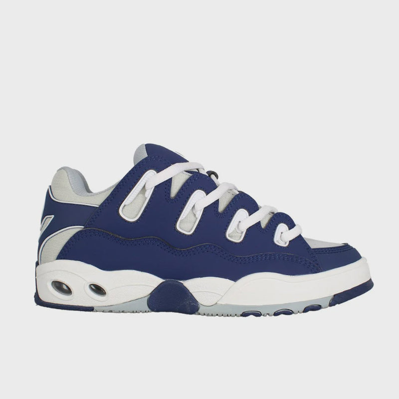 Blue and white sneaker on a light gray background