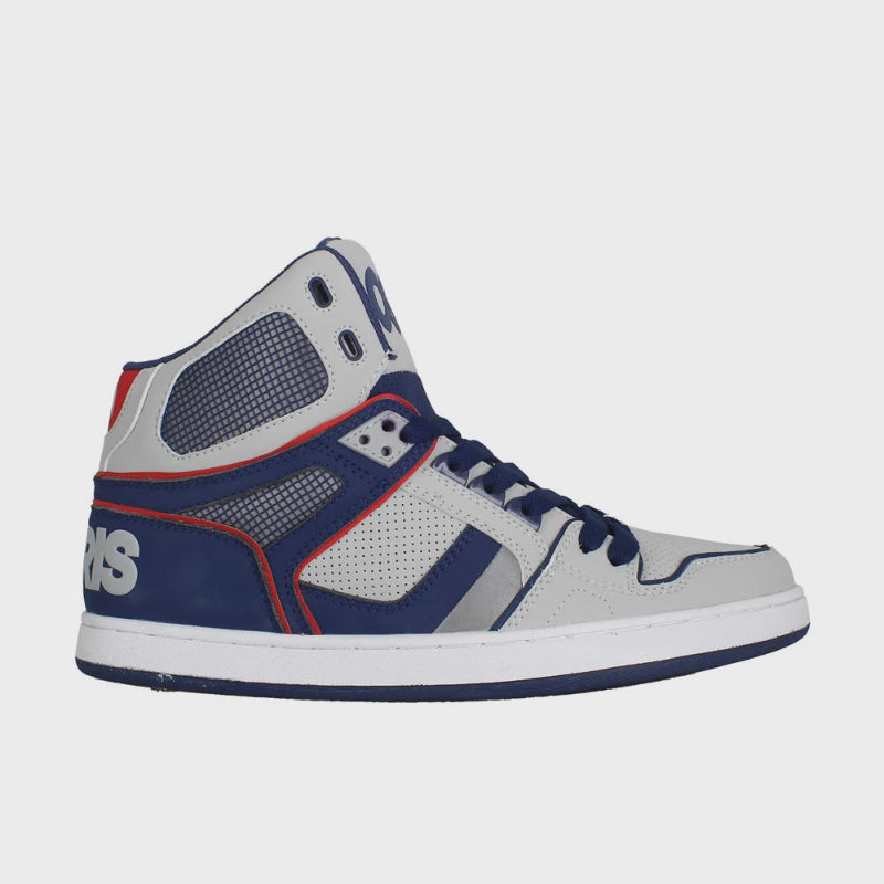 Gray and blue high-top sneaker with red accents on a white background