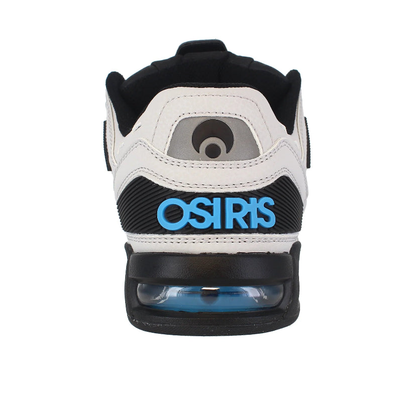 Back view of a white and black Osiris skateboard shoe with blue text on a white background