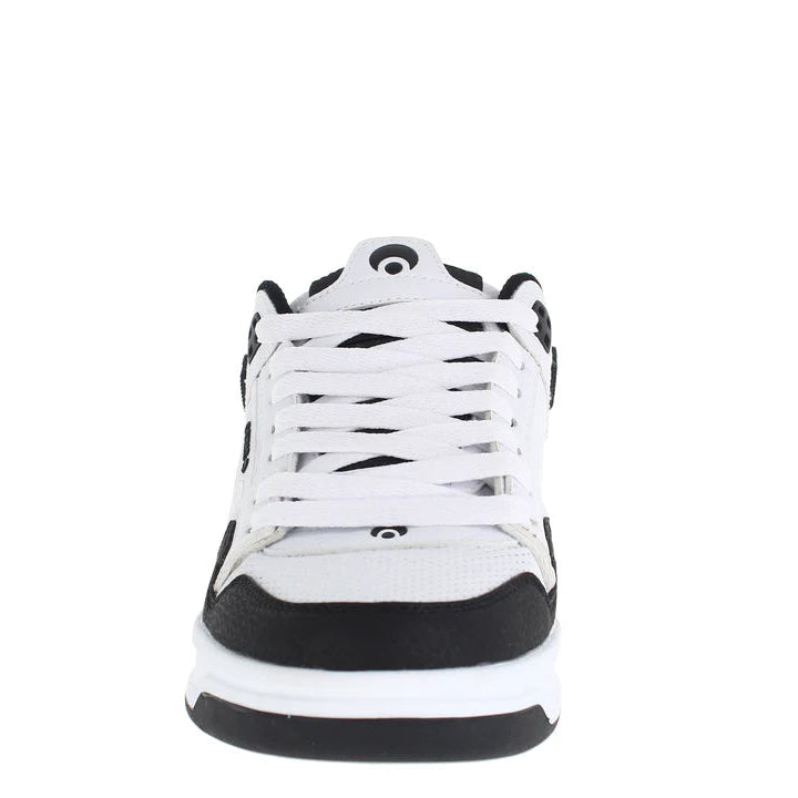 A white and black mid-top sneaker shown from the front on a solid white background.