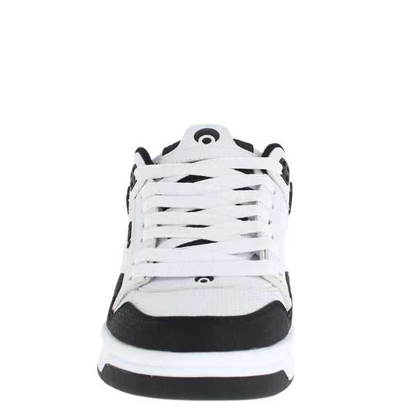A white and black mid-top sneaker shown from the front on a solid white background.