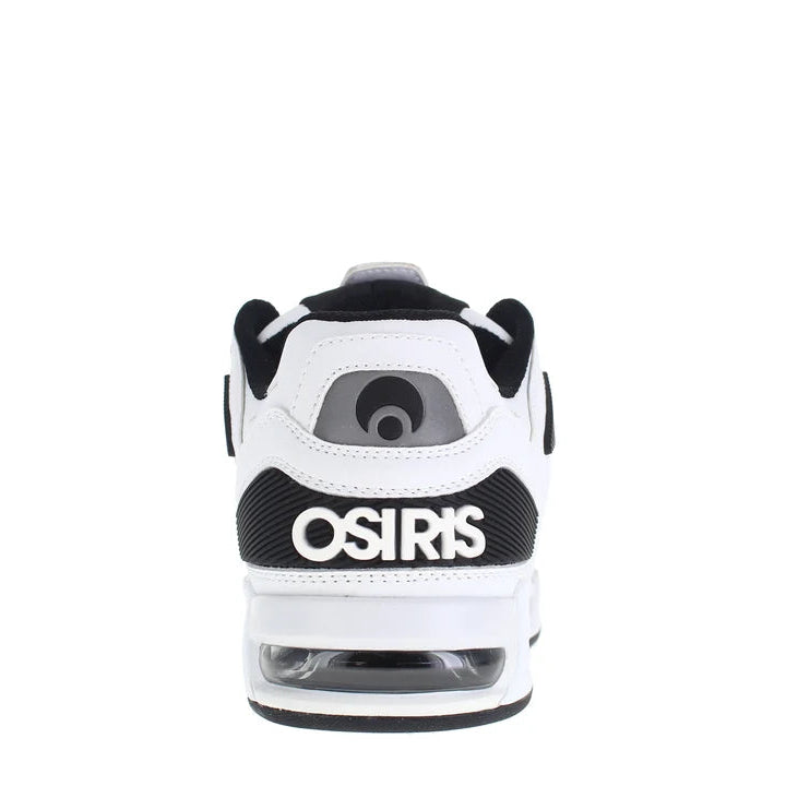 A white and black Osiris sneaker shown from the back, featuring a prominent black heel section with the brand name 'OSIRIS' in white text and a clear air cushion unit at the sole.