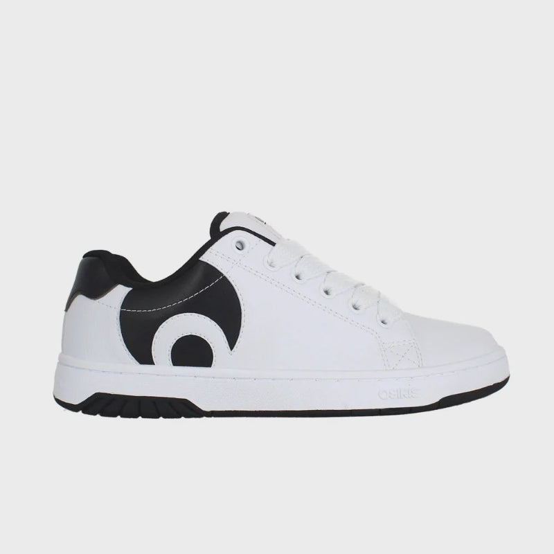 White osiris sneaker with black accents on a white background