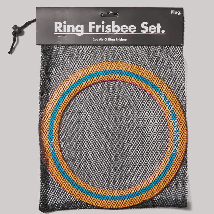 Ring frisbee set in a mesh bag with a black label on a gray background